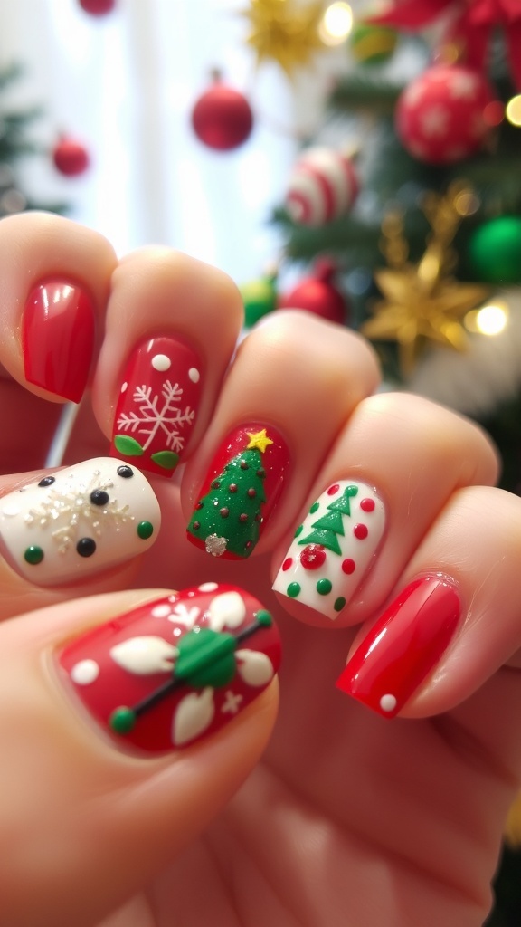 Festive Christmas Nail Art Ideas Close-up of festive Christmas nail art with red, green, and white designs, including snowflakes and glitter.